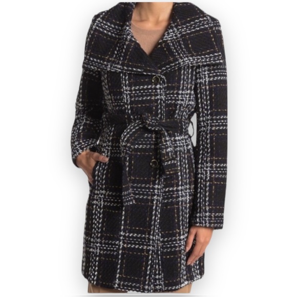NEW Laundry by Shelli Segal Coat Black and White Belted Tweed - Picture 1 of 8